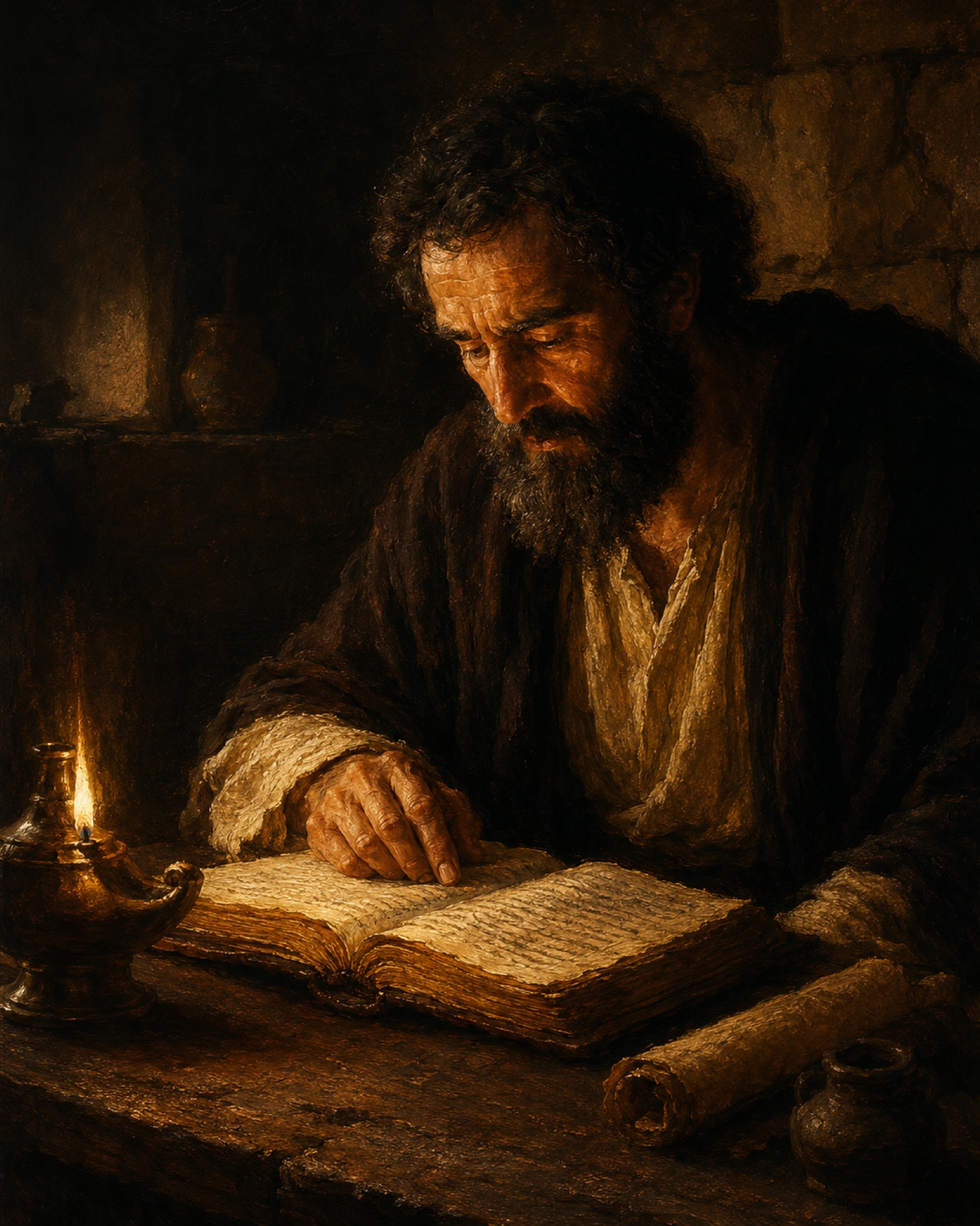 Pintura a óleo de um estudioso lendo um códice antigo à luz da lamparina de azeite, em estilo Rembrandt