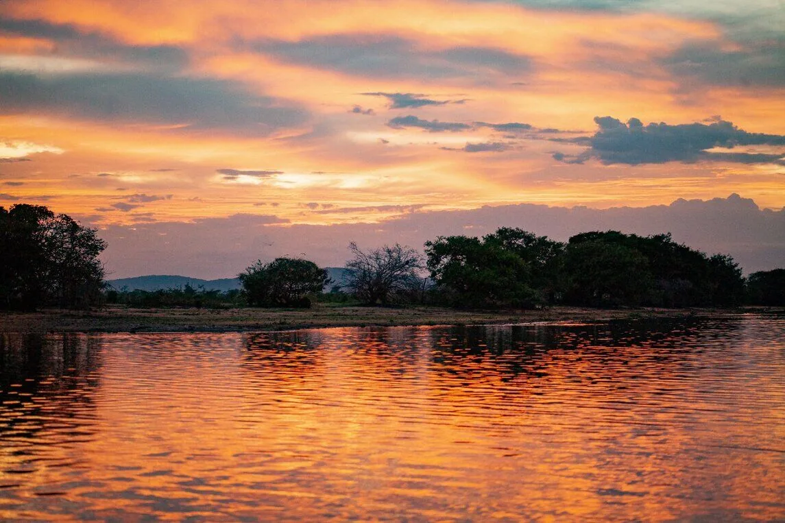 Navegação ao pôr do sol pela baía no Pantanal